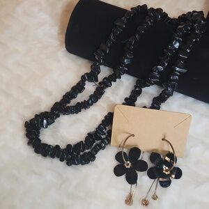 Vintage Black Floral Drop Rhinestone Accent Earrings and Stone Necklace Set
